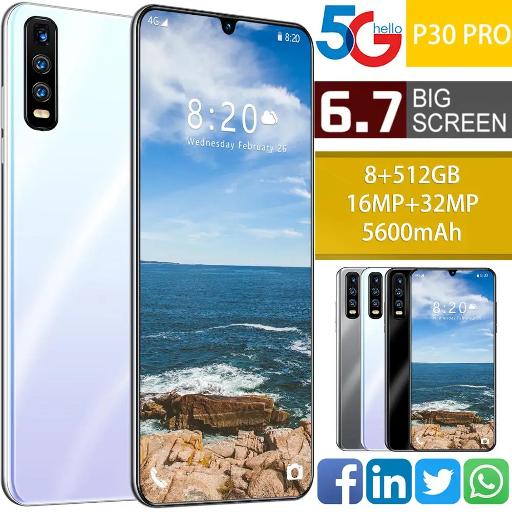 

2020 New 6.7" P30 PRO Smartphone Deca Core Android 5600mAh Cellphone Face ID 8GB+512GB Screen Triple 16+32MP Camera Mobile Phone