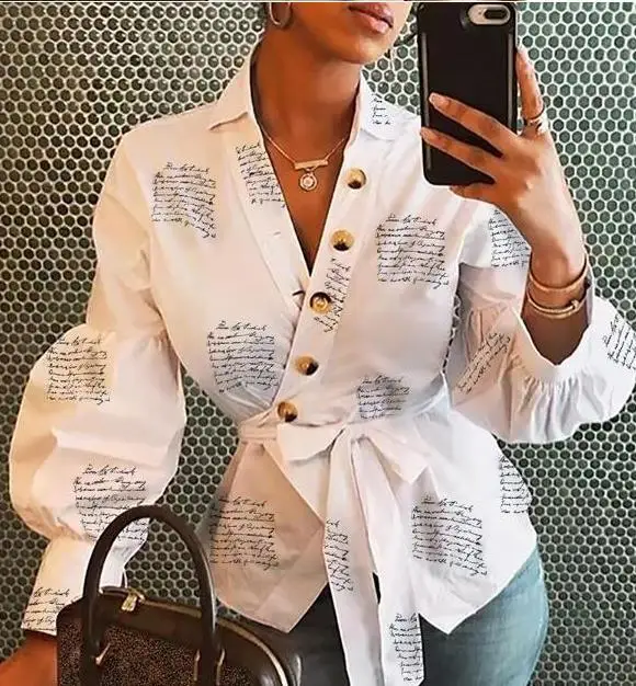 

Women Crop Tops Ladies White Casual Blouse Printing Button V Neck T-Shirt Long Sleeve Loose Top S-XL