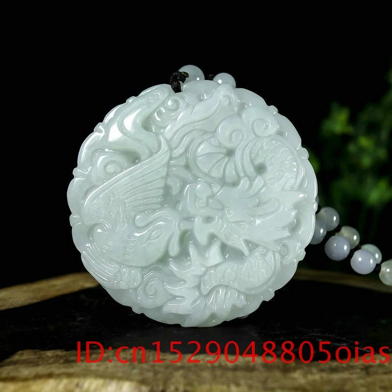 

Natural White Jade Emerald Dragon Phoenix Pendant Necklace Hand-Carved Chinese Charm Jadeite Jewelry Gifts for Men Women