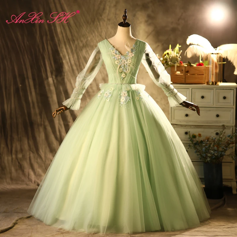 

AnXin SH vintage princess green lace v neck beading crystal illusion long sleeve ball gown ruffles bride stage evening dress