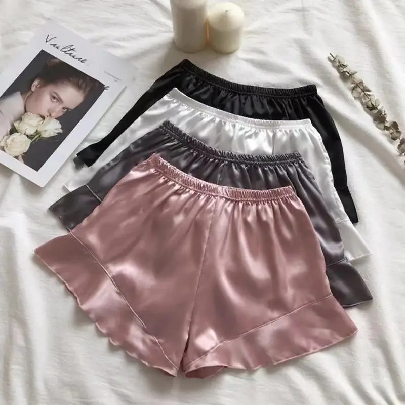 

Satin Safety Shorts Women Ruffle Sexy Sleep Bottoms Short Soft Seamless Elastic Waist Summer Under Skirt Female Pajama Shorts