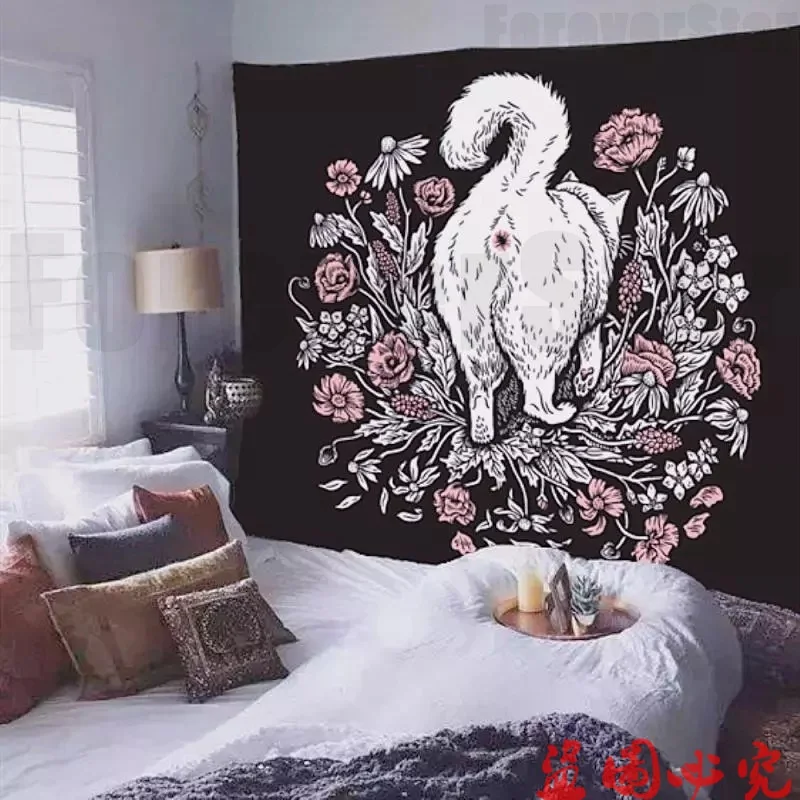 

Cat Witchcraft Black Tapestry Flower Rose Tapestry Wall Hanging Cat Coven Wall Carpet Tapestries Tarot Boho Ouija Home Decor