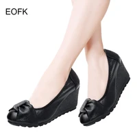 eofk wedges platform elegant boat shoes slip on pumps genuine leather woman womens high heels shallow lady