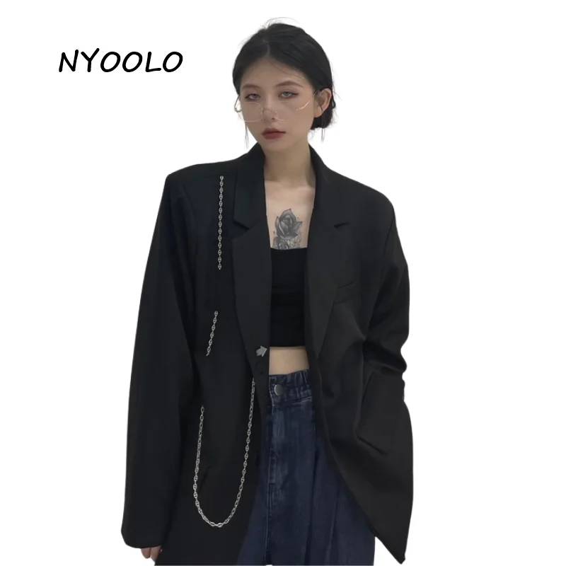

NYOOLO Casual Streetwear Special Design Strings Chain Single Breasted Long Sleeve Blazer Jacket Women Cloth Autumn Pockets Coats