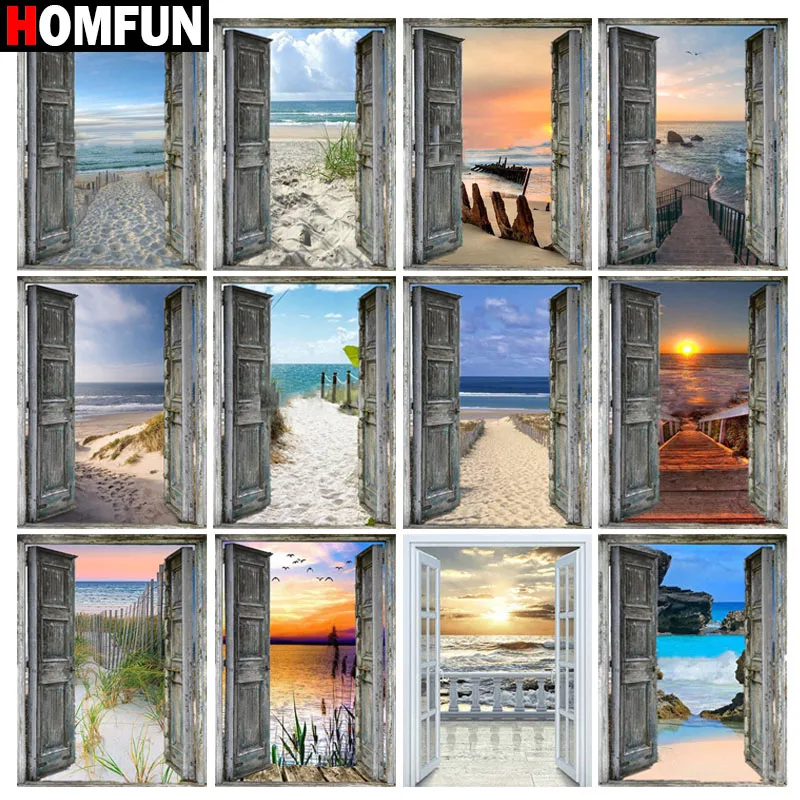 

HOMFUN Diamond Embroidery DIY Diamond Painting Cross Stitch Kit "Door sea view dusk Sunset"5D Needlework Diamond Home Decoration
