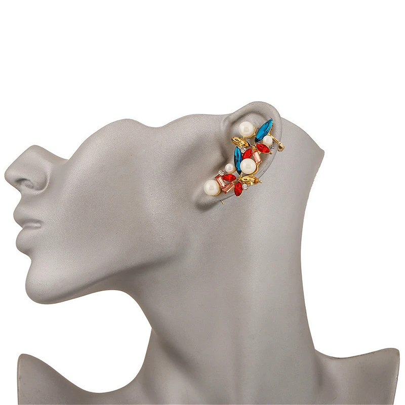 

Luxury Crystal Gem Cuff Earrings For Women Trendy Simulated Pearl Multicolor Rhinestone Clip Earrings Fashion Jewelry 1pcs