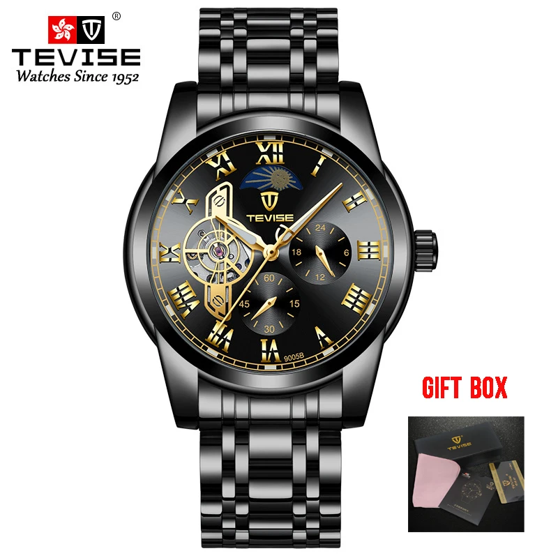 full black Tevise Топ бренд для мужчин Tourbillon автоматические механические часы Скелет часы для мужчин с автоматическим подзаводом мужские наручные часы Relogio Masculino - Цвет: full black