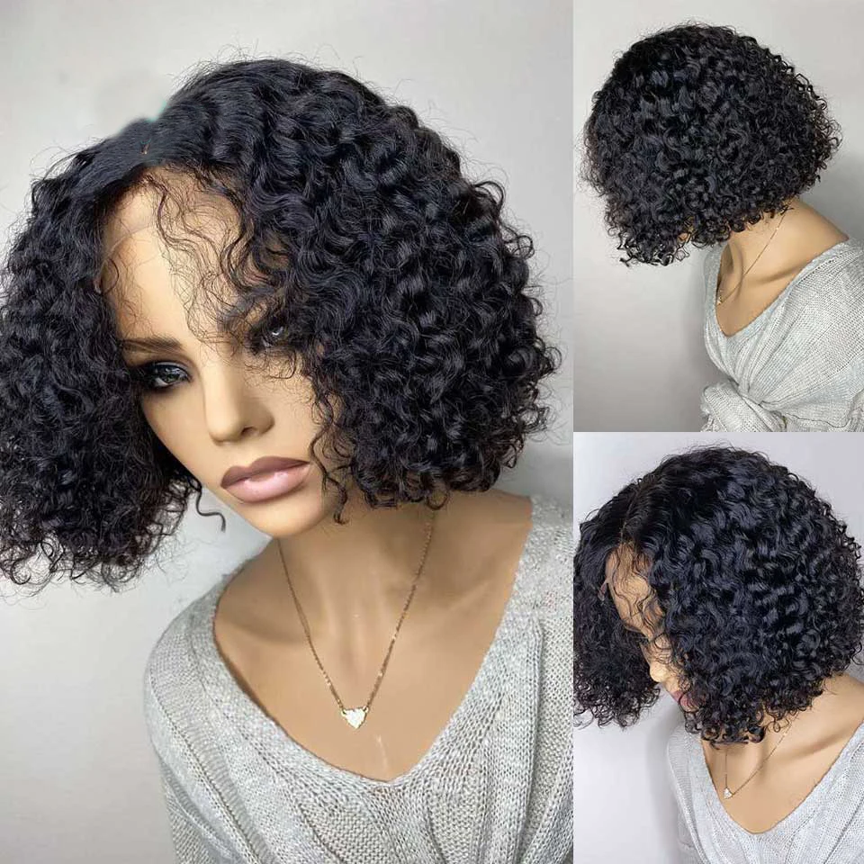 16 дюймов плеча Cut Out Боб черные человеческие вьющиеся Предварительно 13x4 часть