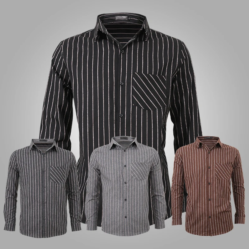 

Новинка весна-осень 2022 Мужская модная полосатая рубашка с отложным воротником облегающая Повседневная рубашка с длинными рукавами деловая...