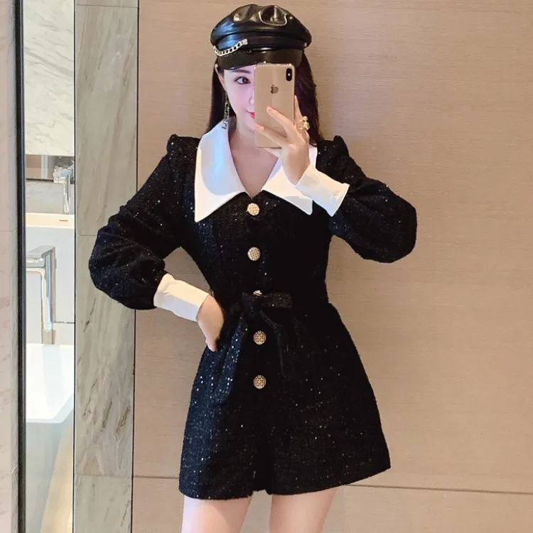 

High Quality Women Tweed Playsuit Ladies Puff Long Sleeve Jumpsuits Elegant Hit Color Turn down collar fashion Overalls Jumpsuit