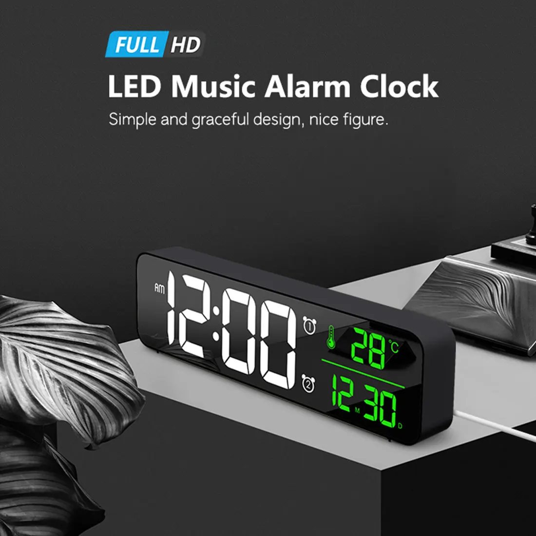 

Music Alarm Clock LED Digital Clock 2 Alarms Voice Control Snooze Temperature Display Reloj Despertador Digital with USB Cable