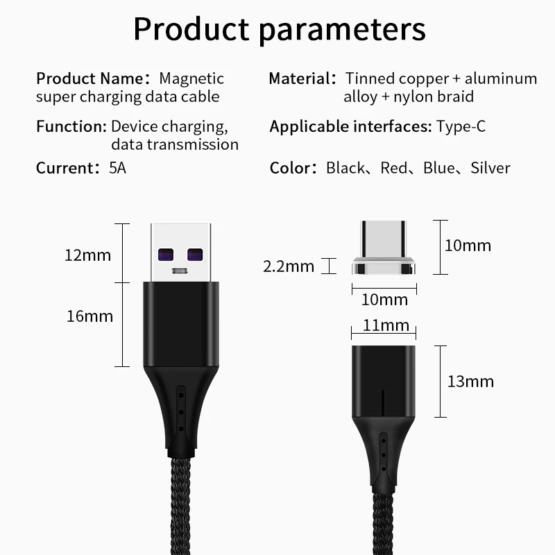 5А Магнитный кабель Micro usb type C светодиодный супер быстрый зарядный кабель для iPhone samsung huawei Xiaomi Android телефонный кабель 1 м