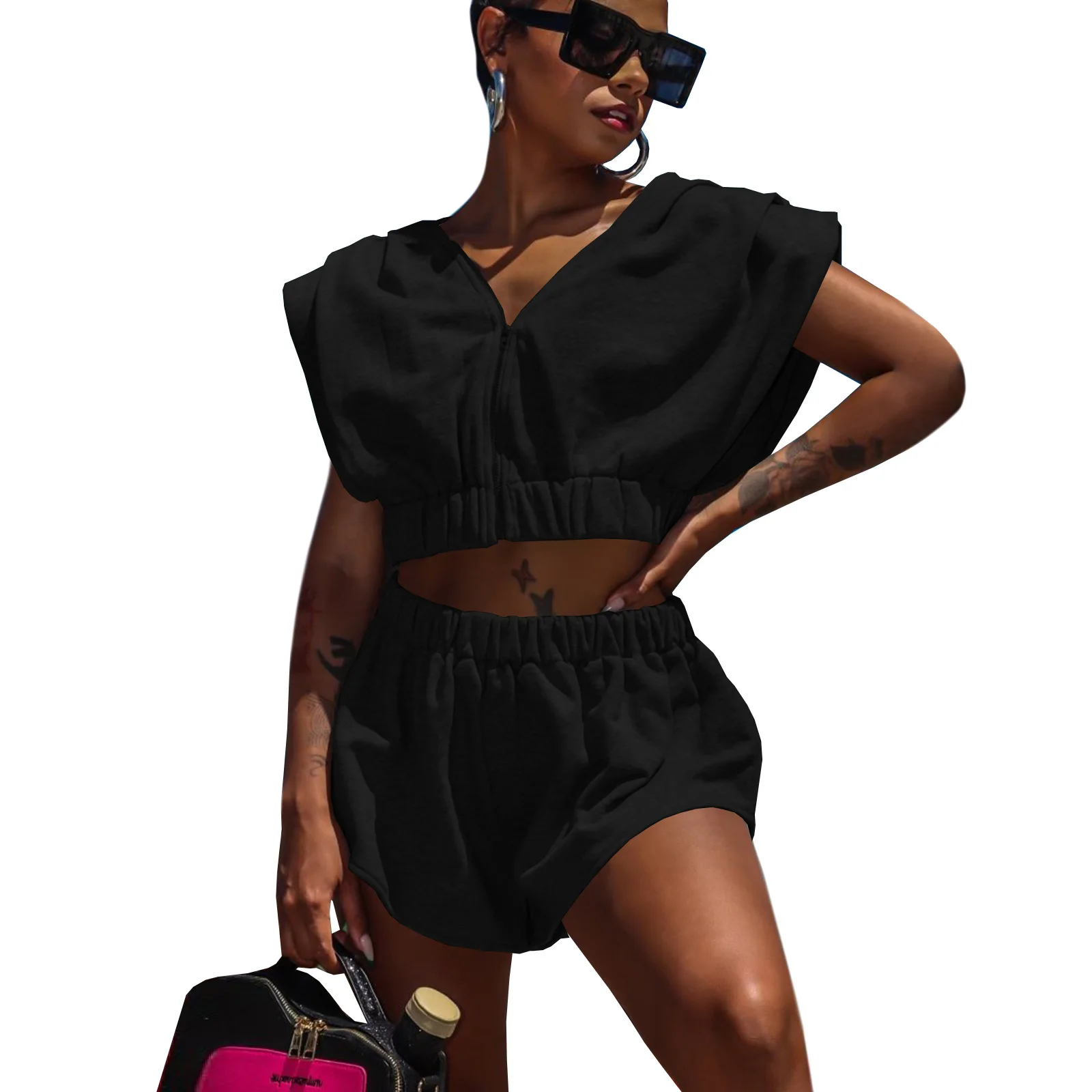 

2021 Summer Women Short 2PCS Tracksuits Solid Batwing Sleeves V-Neck Zipper T-Shirt Casual Shorts Lady Outfits Streetwear