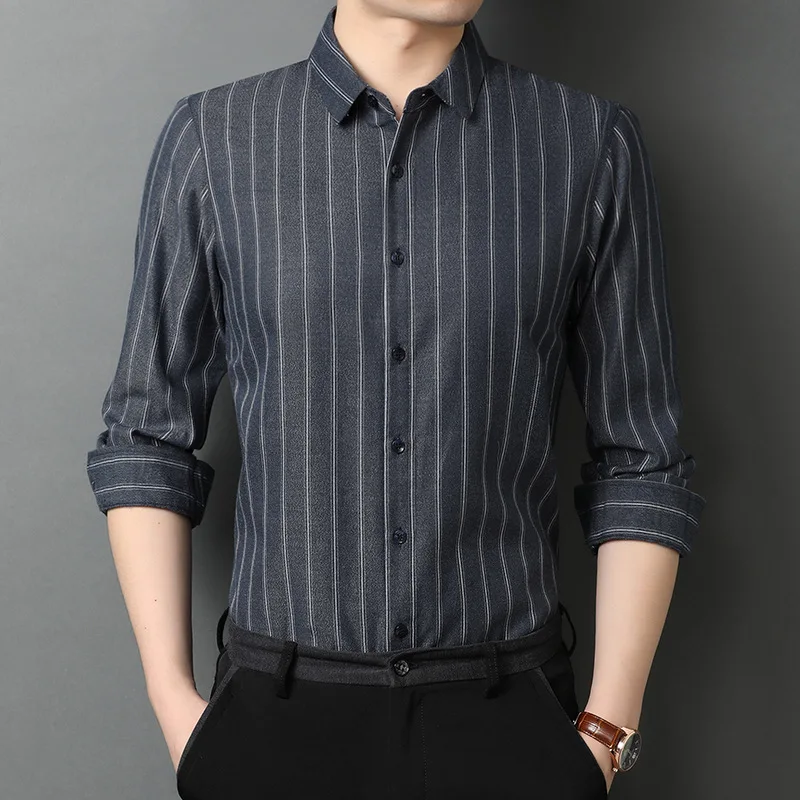

Autumn new men's casual fashion Lapel vertical cotton long sleeve no iron youth shirt