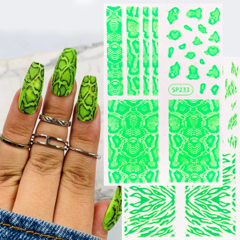 

1 Sheet 3D Nail Art Stickers Fluorescence Green Snake Zebra Leopard Wild Skin Design Neon Color Polish Decal Slider Manicure Tip