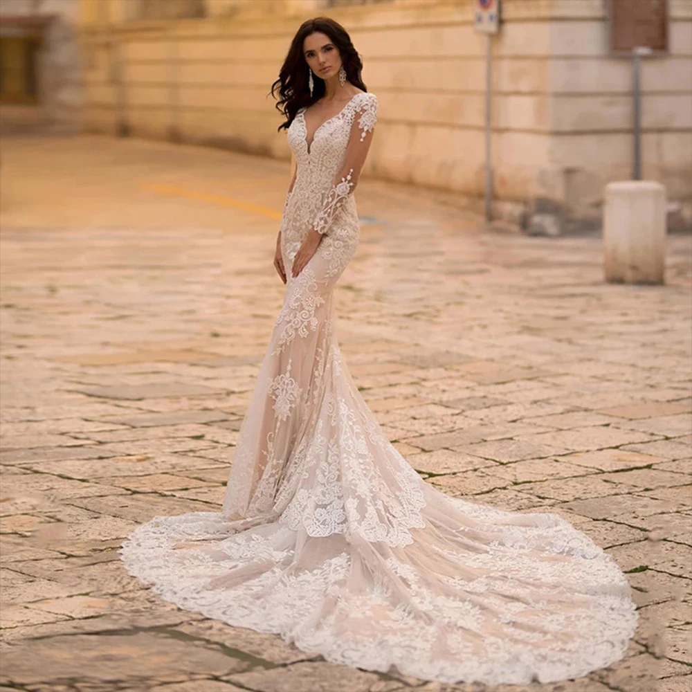 

Luxury Elegant Wedding Dress A-Line Court Train Long Sleeves Deep V-Neck Brilliant Lace Applique For Female Bride Gown