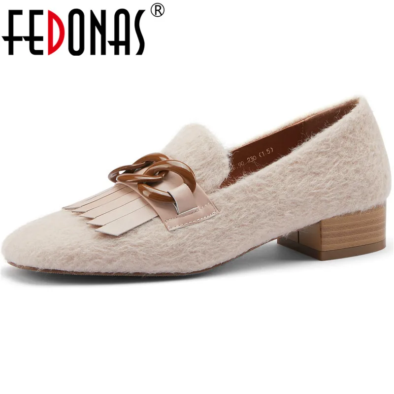 

FEDONAS Concise Design Shoes Woman 2021 Fashion Wool Thick Heels Pumps For Women Genuine Leather Newest Working Women Shoes