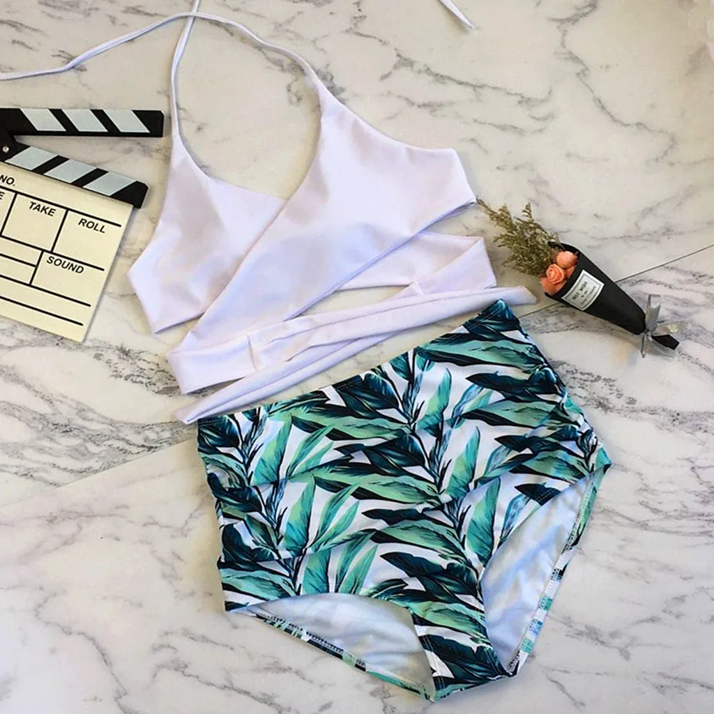 

bikini 2020 Fashion swimwear women Swimsuit Halter Bandage Wrap Bikini Set Push-Up Ruched High Waist Swimwear bikini femme #B40