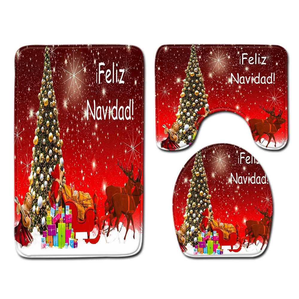

3pcs/set Christmas Decor Non Slip Bathroom Pad Floor Mat Carpet Absorbent Pedestal Rug Lid Toilet Cover Bath Mat Decor