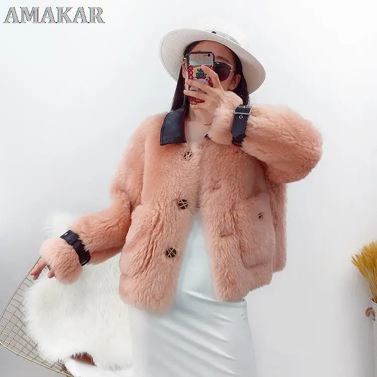 

Winter Granule Sheep Shearing Coat Soft Natural Sheep Wool Jacket Short Female Plush Genuine Lamb Fur Overcoat Warm Jacket