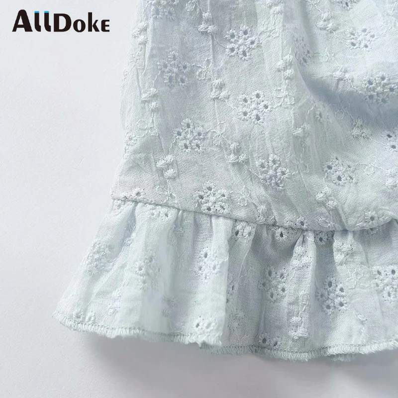 

ALLDOKE vintage casual embroidery women blouse summer square collar puff sleeve crop tops shirt lace up ladies blouses blusas
