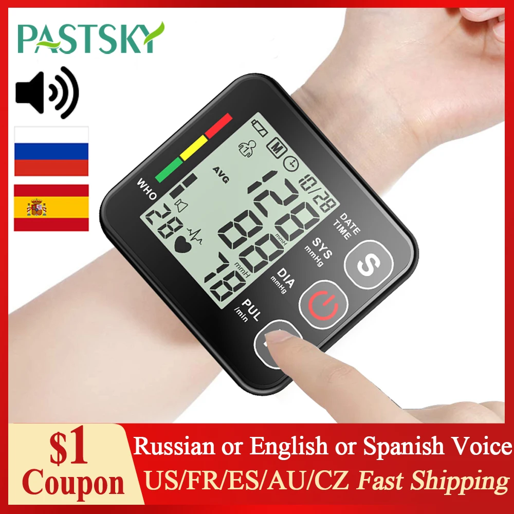 

Russian Wrist Blood Pressure Monitor Sphygmomanometer Automatic Tonometer Heart Rate Pulse Meter BP Monitor English/Spain Voice