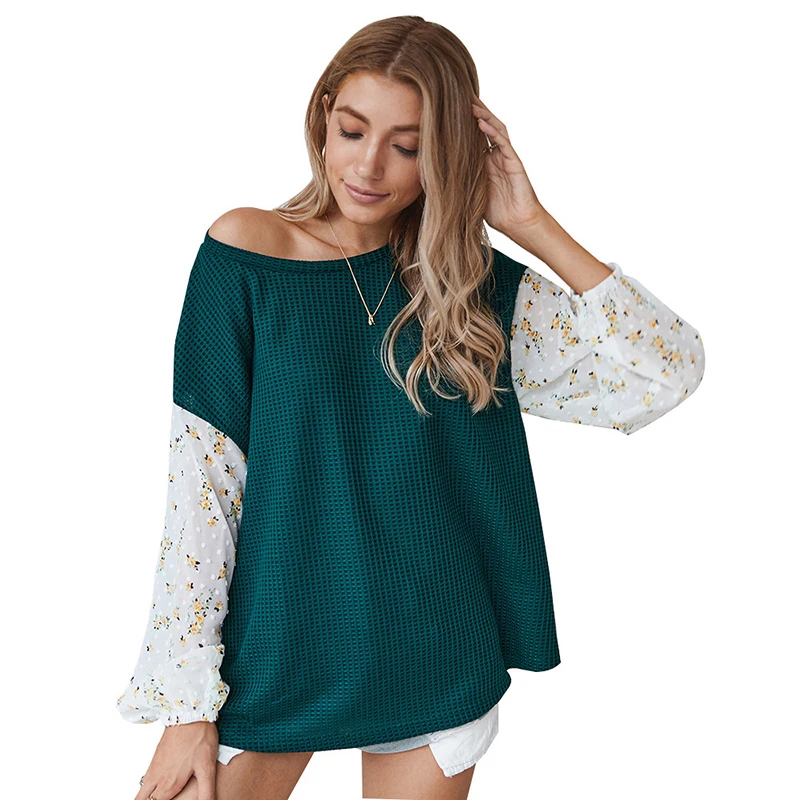 

O-Neck Womens Loose Spring Tops Knitted Flowers Patchwork Pullover Spring 2021 New Fashion Sweatshirt For Female Loose Clothes