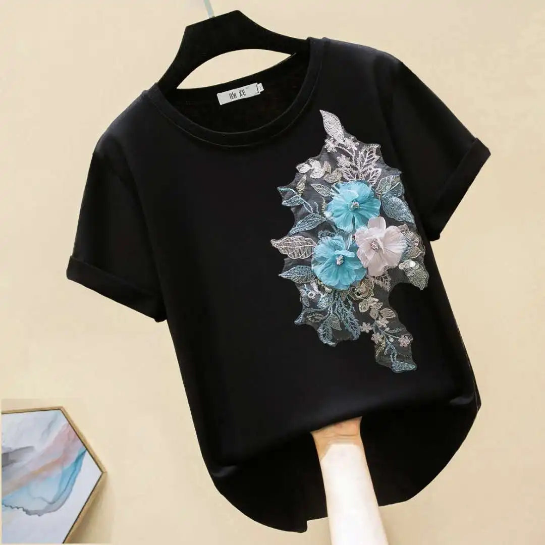 

Fashion Women Tops Elegant O Neck T Shirts Female Tshirt 2020 Flower Embroidered T-shirt Casual Top Tee Shirts Teen Clothes