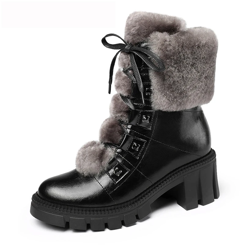 

ANNYMOLI Platform High Heel Ankle Boots Genuine Leather Woman Boots Chunky Heel Short Boots Lace Up Female Shoes Winter Black 40