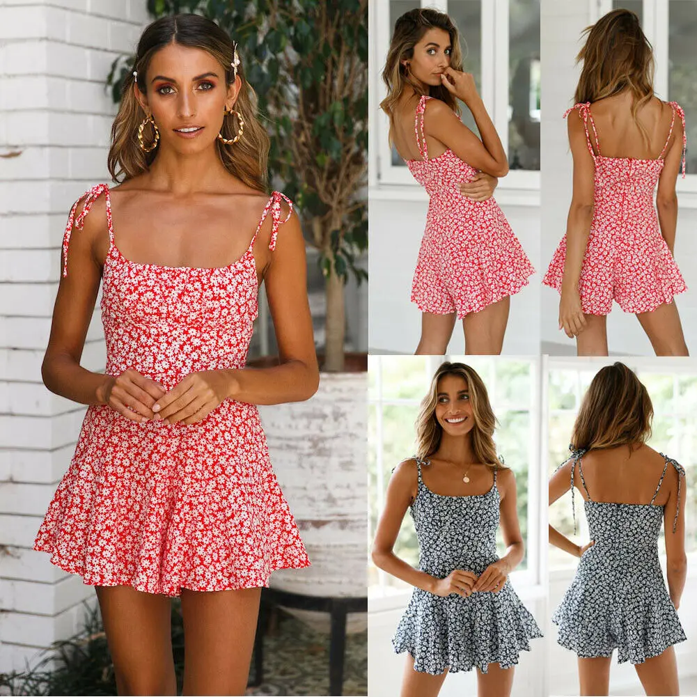 

Women's Summer Flowers Print Mini Dress Vintage Boho Bohemian Dresses Beach Short Dress Ladies Summer Casual Sundress Holiday