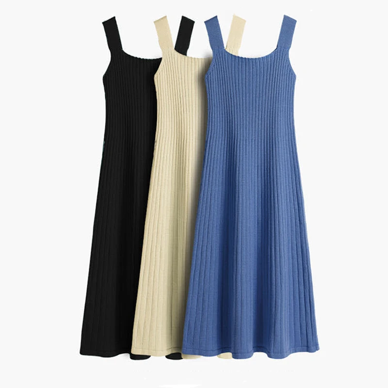 

Sleeveless Knitted Dress Women Sweater Dress Long Shirt Dress Versatile Fit All Season Ladies Clothes Korean Fashion