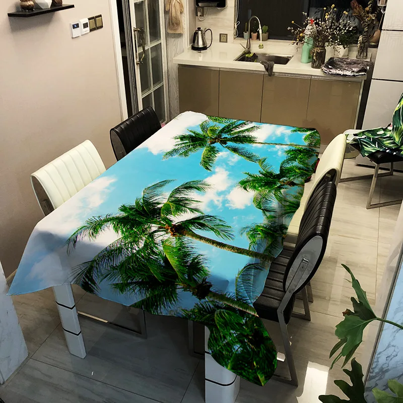 

Beach Palm Polyester Fabric 3D Tablecloth Sea Star Pattern Thicken Washable Rectangular Table Cloth for Kitchen