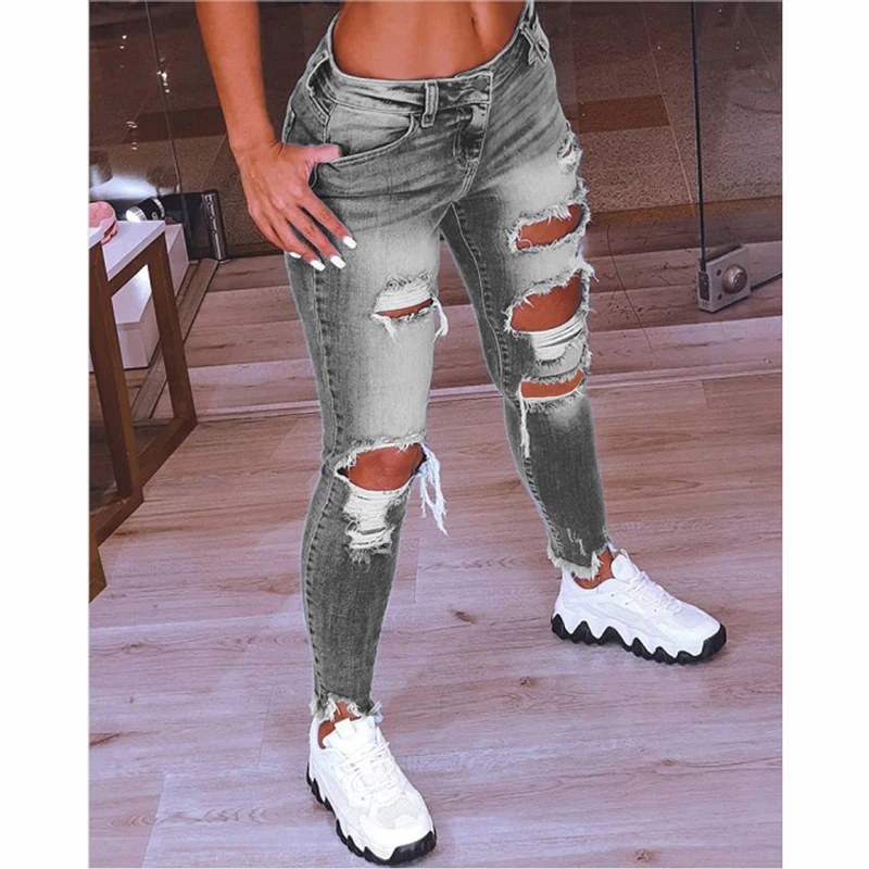 

2021 Summer Ladies Skinny 5XL Plus Size Drawstring Denim Ripped Hole Stretch Jean Full Length Pencil Pants Jeans For Women G2521