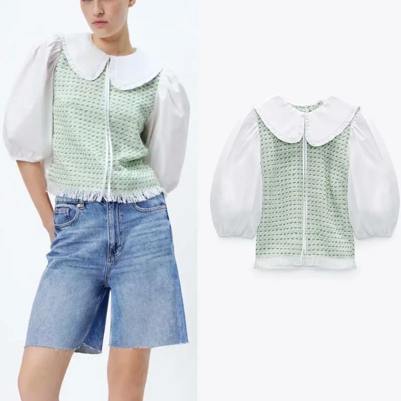 

Za Summer Blue Splicing Tops Blue Front Clothes Splicing Neckline White Bubble Long Sleeve Short Tops Hem Tassel Casual Tops