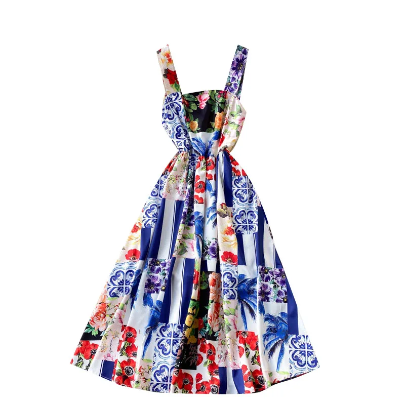 

2021 New Summer Fashion Temperament Vestidos Women's Square Collar Printed Slim Temperament Suspender Midi Dress DK264