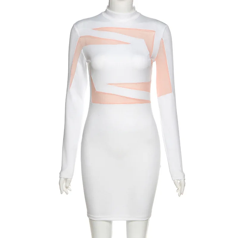 

Mesh Patchwork Sexy Party Dress Long Sleeve Elegant Women Dress Mock Neck Pencil Spring Autumn Bodycon Bandage Dresses