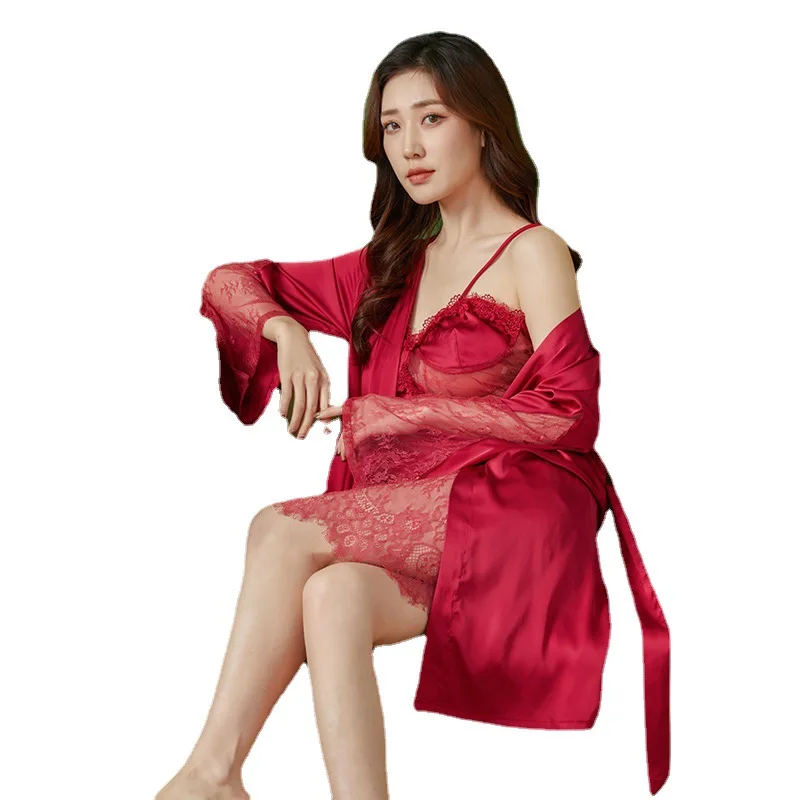 

Black Sexy Hollow Out Kimono Robe Gown Set Women V-Neck Backless Nightgown Sweet Lace Trim Sleepwear Spring New Satin Home Dress