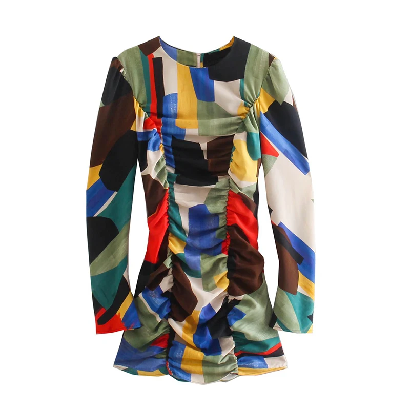 

YENKYE Spring Autumn Women Vintage Print Draped Dress Long Sleeve Round Neck Female Vestido Ladies Bodycon Mini Dress