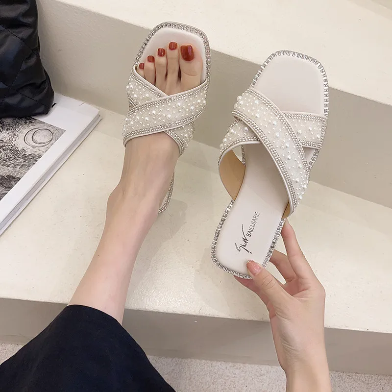 

Flat Shoes Female Woman's Slippers String Bead Luxury Slides Jelly Flip Flops 2021 Soft Summer Designer Glitter Rome Basic Bling