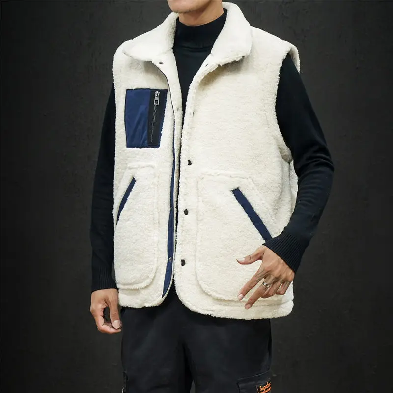 

Утепленный жилет из овечьей шерсти, мужской жилет, пальто без рукавов, топы с несколькими карманами, теплая свободная осенне-зимняя повседн...