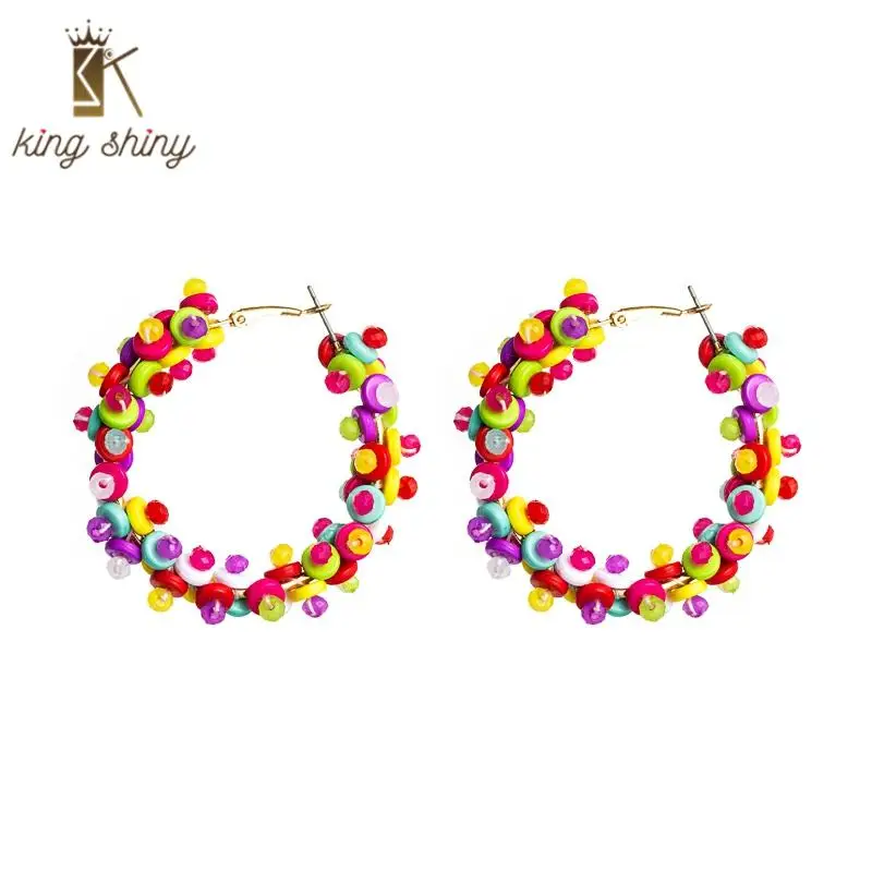 

Za Brand Multi Color Beaded Hoop Earrings for Woman Vintage INS Hand Made Big Round Statement Earrings Woman Party Ear Jewelry