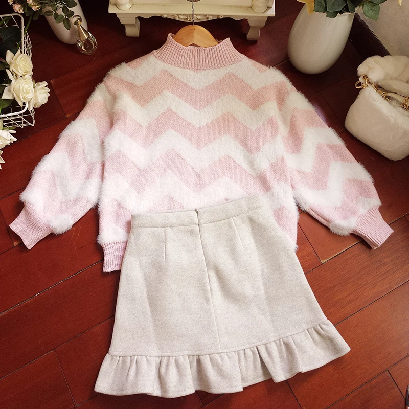 

New Winter Sweater Skirt Women 2 Pcs Clothing Set Knitted Suits Loose Top Pullover Stripe Thick Sweaters Short Ruffle Skirts