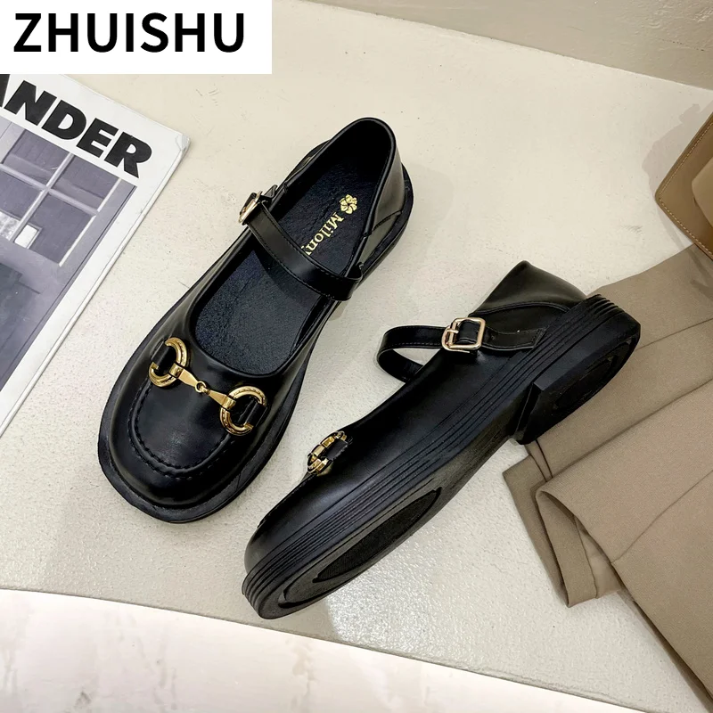 

Women's Shoes Leather Shoes 2021 Spring New Fashion Casual Round Toe Metal Buckle Low-heeled Non-slip Loafers Flat Shoes Women