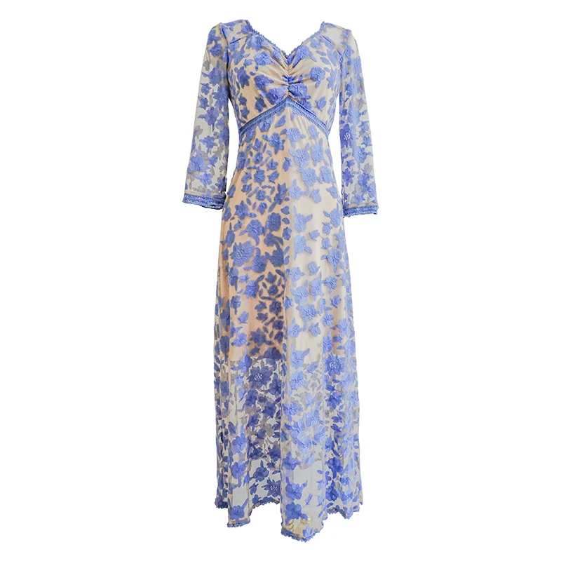 Женское кружевное платье миди с длинным рукавом синее прозрачное Клубное