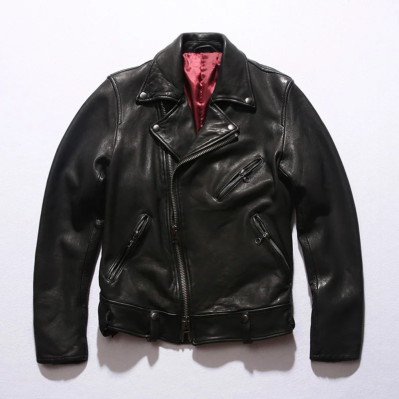 

Japan 2021 fashion brand slim fit genuine leather jacket men Diagonal zipper soft sheepskin motorcycle jacket biker coat women