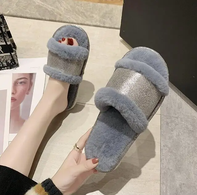 

Brand Fashion Winter Women House Slippers Faux Fur Warm Flat Shoes Female Slip on Home Furry Ladies Slippers Size36-41 Wholesale