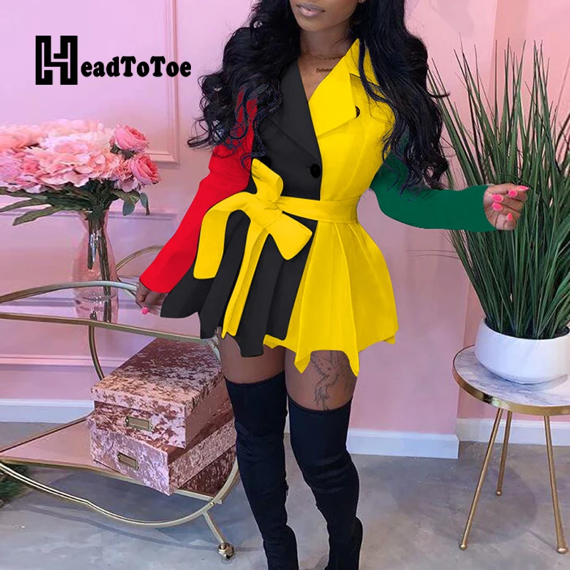 

Colorblock (цветовой блок), принт двубортное пальто с поясом Мода OL платья для женщин с длинными рукавами и отложным воротником плиссированное пл...