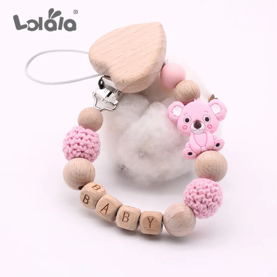 

New Custom Name Personalised Baby Pacifier Clip Chain Wood Soother Pacifier Clips Holder Infant Nipple Bottle Dummy Chain Shower