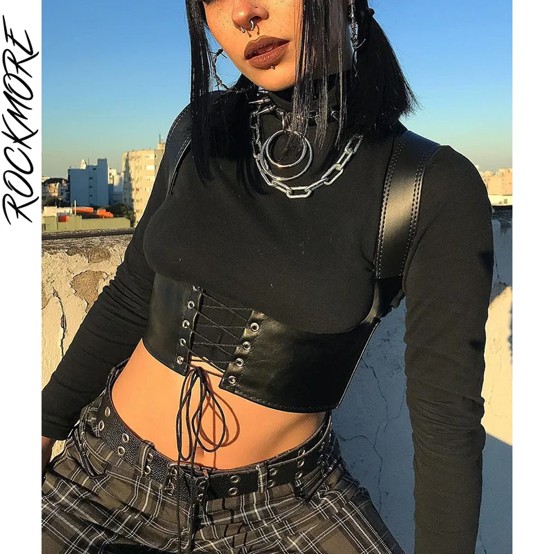 

Rockmore Gothic Leather Corset Tops Women PU Lace Up Crop Tanks Punk Dark Academic Corselet Cummerbunds Wear Out Bustiers mujer