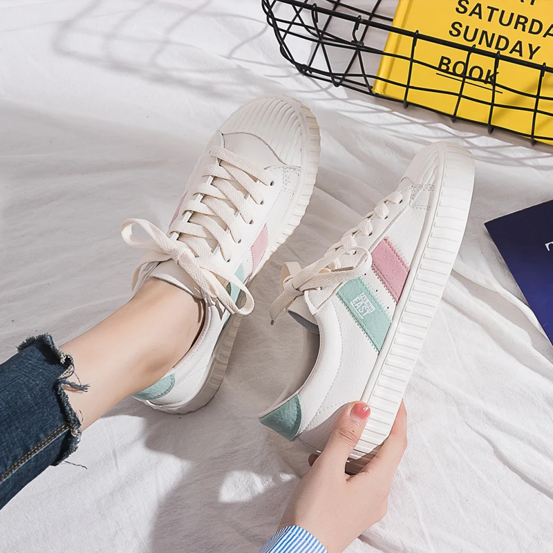 

2021 Spring New White Shoes Female Students Leather Canvas Shoes Ulzzang Board Shoes Girls Sneakers Fashion Trends All Match